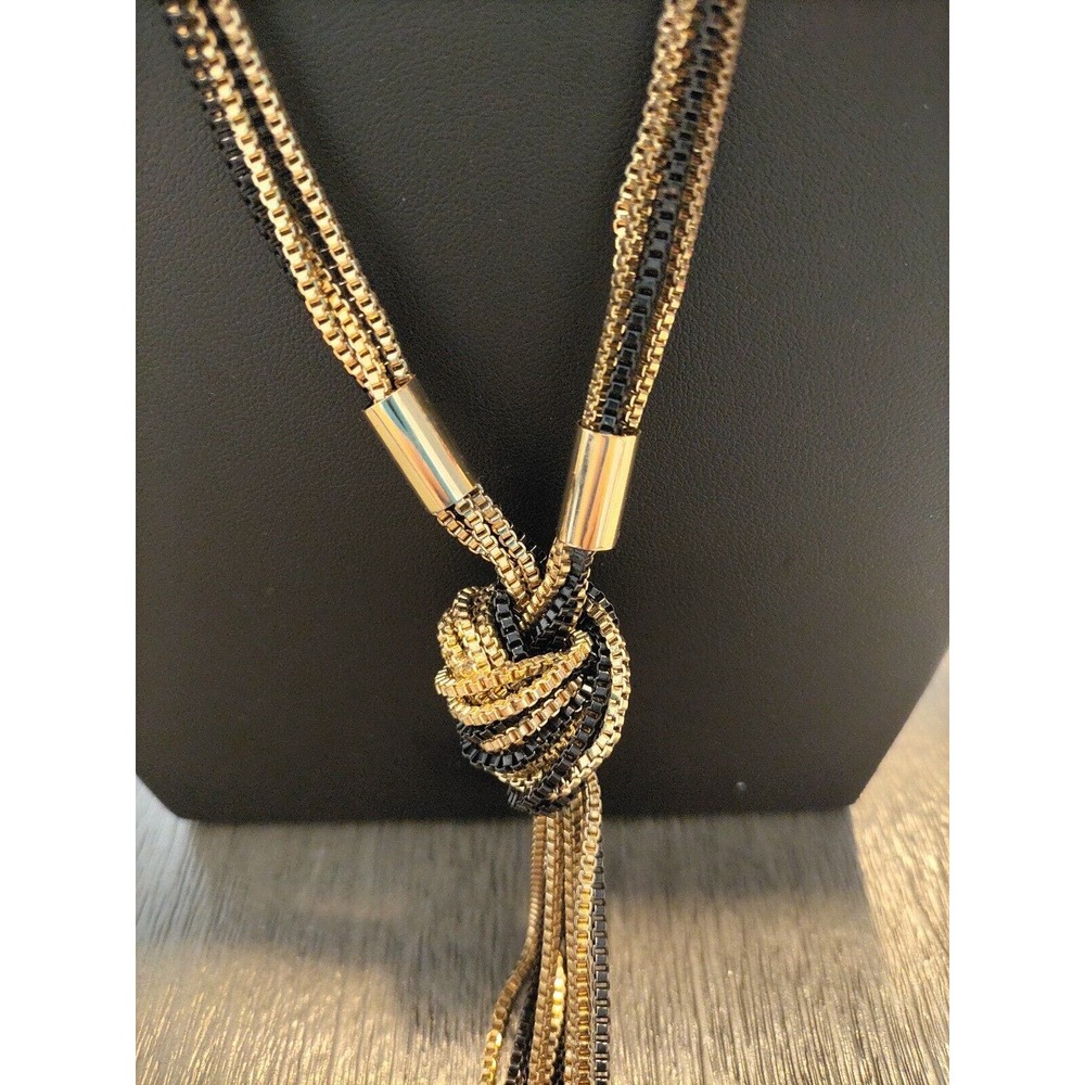 4 CHAIN KNOTTED GOLDTONE & BLACK OPERA LENGTH NECKLACE 31" + 3" EXTENSION
